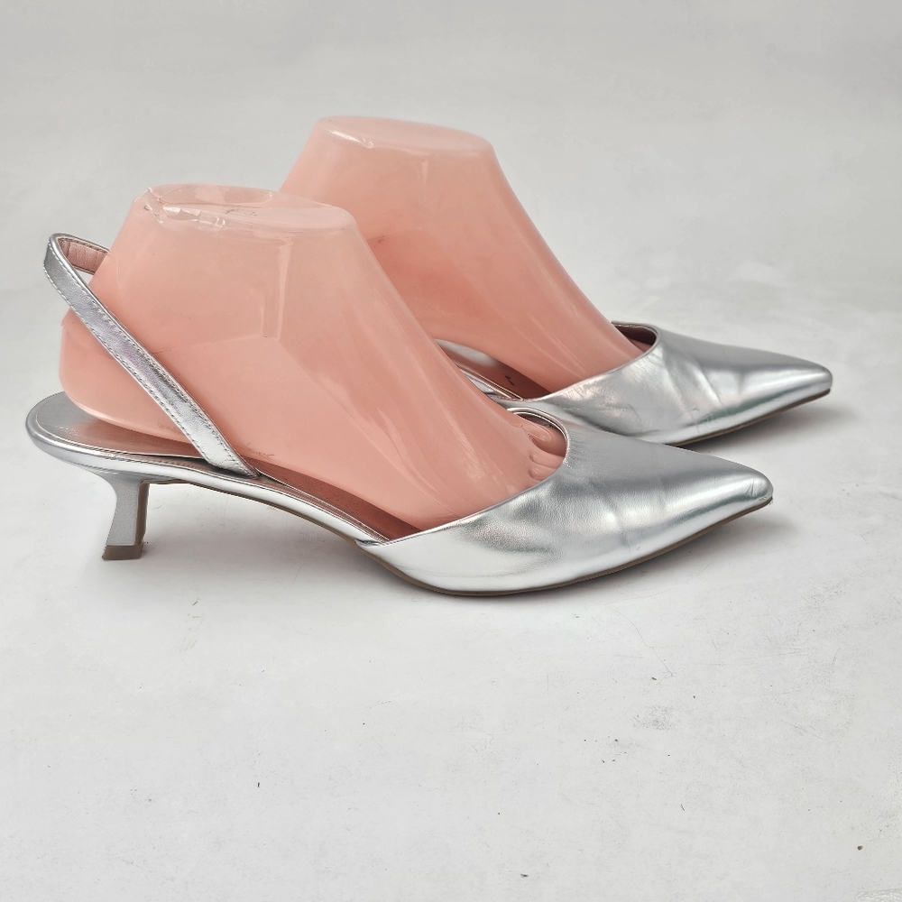 Open Edit Silver Pointed Toe Slingback Kitten Heels Womens - Picture 4 of 11